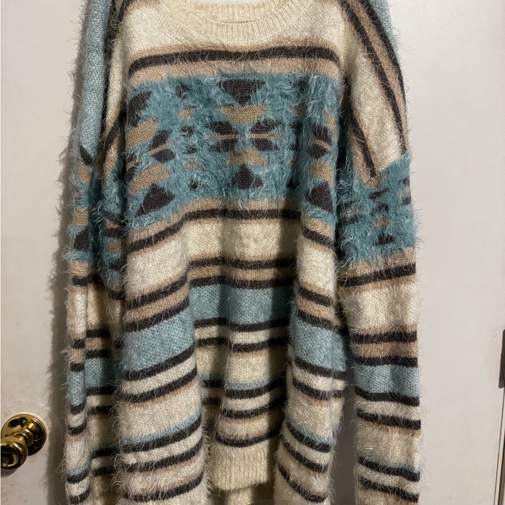 Xhilaration Cream and Blue Crew Neck Sweater with Stripes